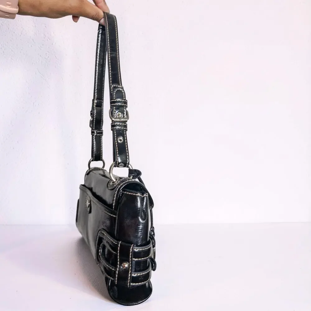 Y2K Franco Sarto Black Patent Leather Buckle Shoulder Bag